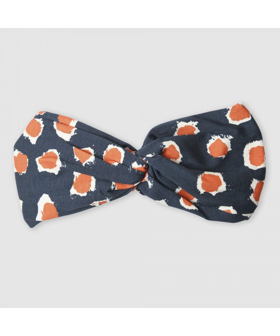 Bespoke painted dot print headband with top knot in blue and orange with elasticated back band in super soft cotton. Includes our branded S logo tag too.Adults size measures 21 inches. Headband stretches approx 1 inch.  