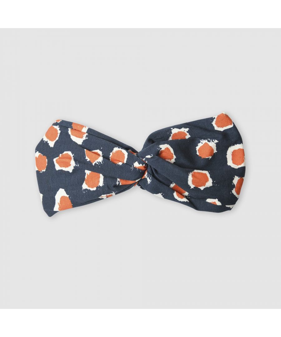 Bespoke painted dot print headband with top knot in blue and orange with elasticated back band in super soft cotton. Includes our branded S logo tag too. Kids size fits aged 1-8 years. Headband stretches approx 1 inch.  