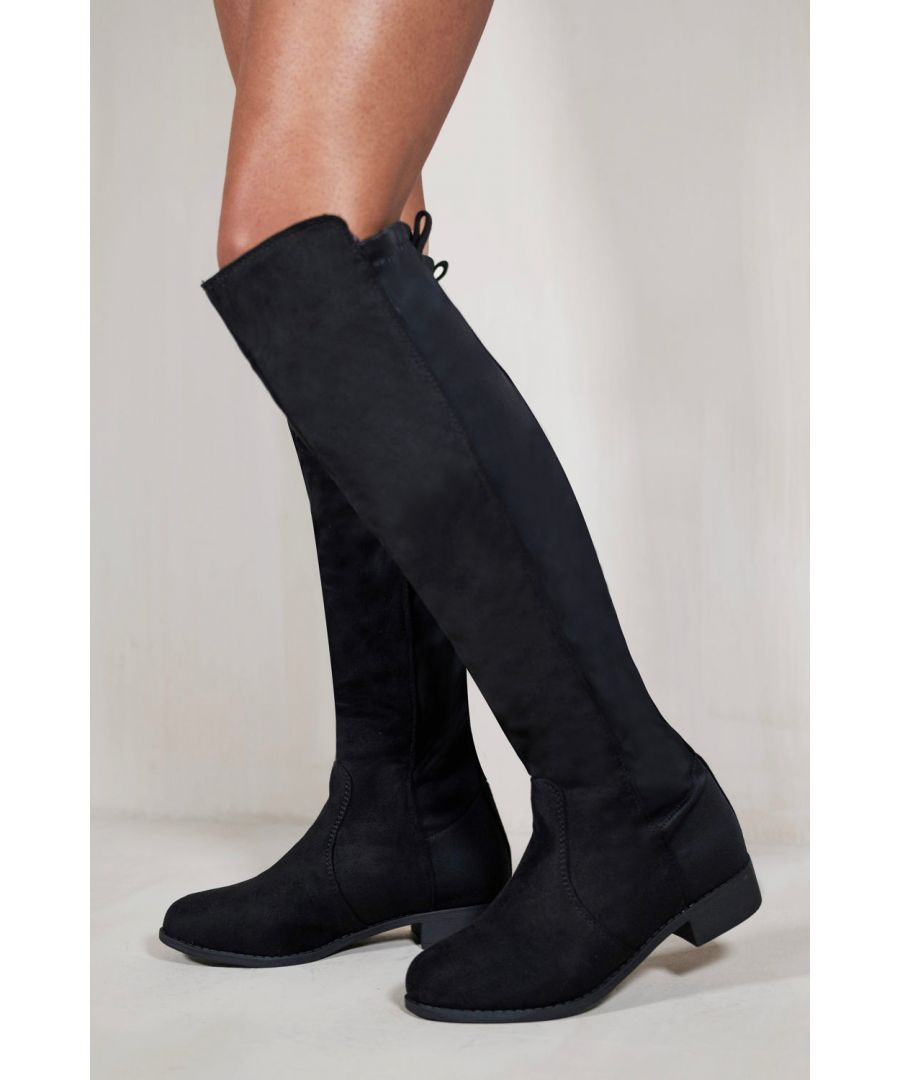 WOMENS OVER THE KNEE PULL ON BOOTS WITH WEDGE HEEL AND WIDE DESIGN
