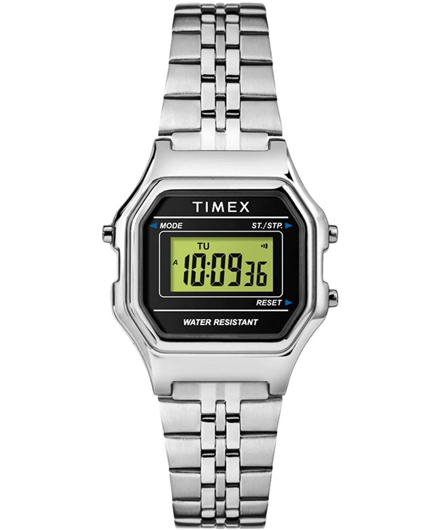 This Timex Classic Digital Mini Digital Watch for Women is the perfect timepiece to wear or to gift. It's Silver  Square case combined with the comfortable Silver Stainless steel watch band will ensure you enjoy this stunning timepiece without any compromise. Operated by a high quality Quartz movement and water resistant to 3 bars, your watch will keep ticking. The classic colours will go great with any outfit . It enables you to easily spice up a normal outfit and add style to your life. -The watch has a calendar function: Day-Date, Stop Watch High quality 19 cm length and 14 mm width Silver Stainless steel strap with a Fold over clasp Case measurement: 27x27 mm,case thickness: 9 mm, case colour: Silver and dial colour: Black