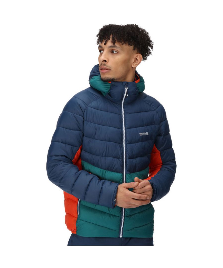 Lightweight 20d polyamide fabric. Durable water repellent finish. Feather Free - premium recycled synthetic down insulation. Recycled fill made from approximately 20 plastic bottles (500ml size). Grown on hood with adjusters. 2 zipped lower pockets. Stretch binding to hood opening, cuffs and hem.