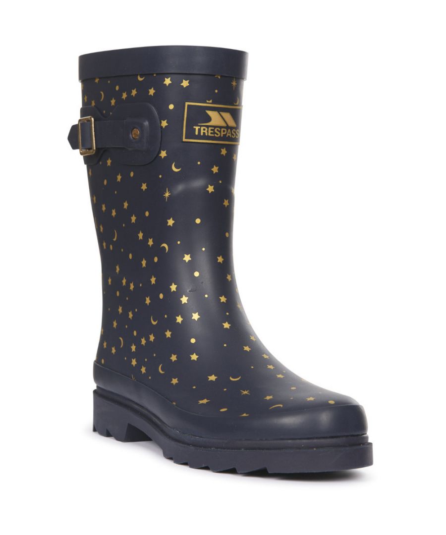 Printed Welly Boot. Mid-Height. Decorative Buckle. Durable Grip Sole. Waterproof: Yes. Rubber/Textile/EVA/Rubber.