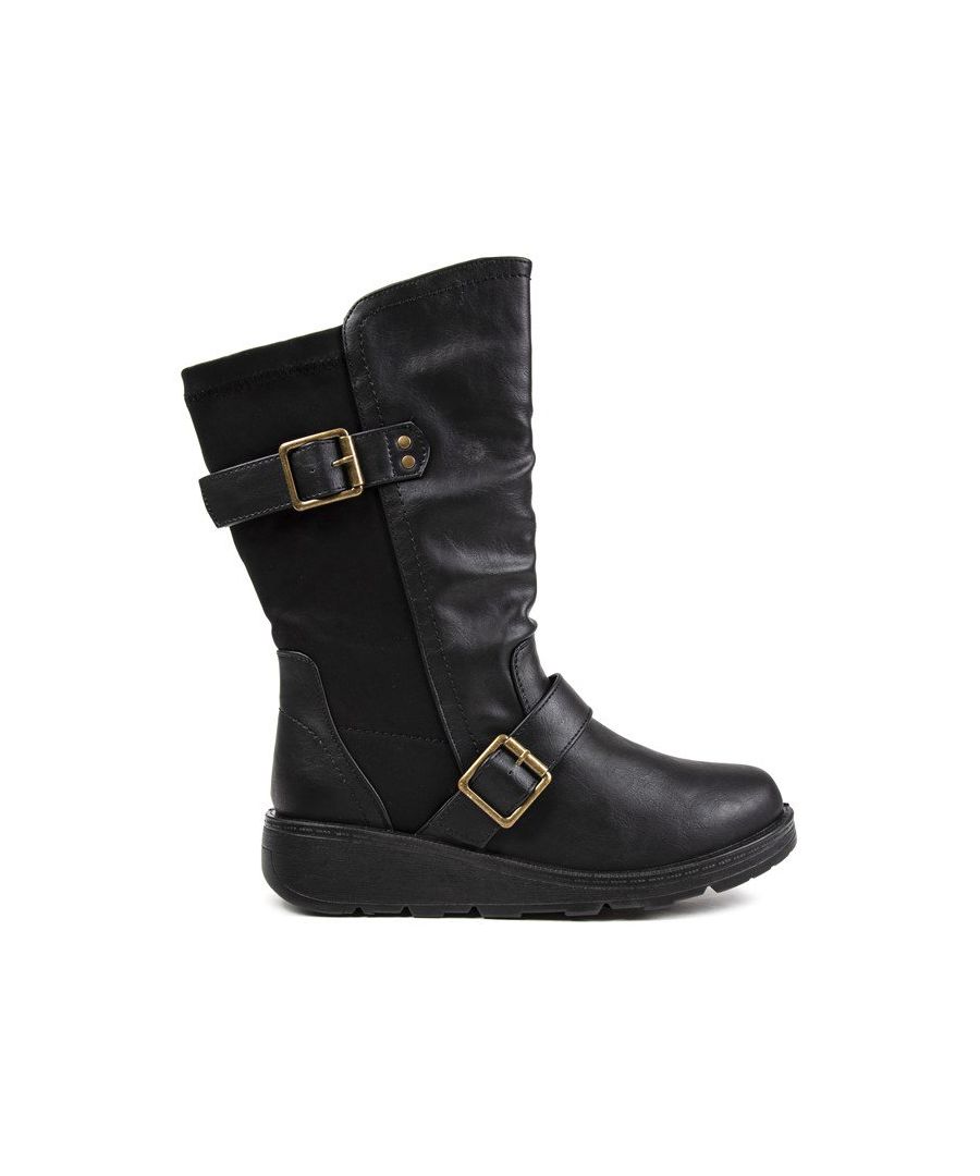 Black Mid-calf Solesister Briar Zip Up Boots With Synthetic Upper Featuring Double Straps With Gold Buckles, A Suede Effect Back Panel, And Full-length Zip. These Biker Inspired Boots Have A Textile Lining, Branded Synthetic Sock, And Black Sole With Extended Tread.
