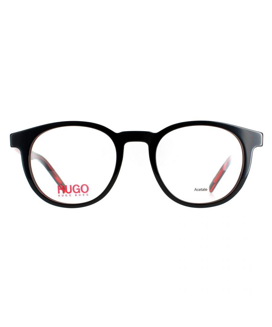 Hugo by Hugo Boss Round Mens Black Red HG 1007  Hugo by Hugo Boss are a retro style frame with round lenses and corner flicks. The acetate frame is lightweight and comfortable with Hugo branding on the temples.