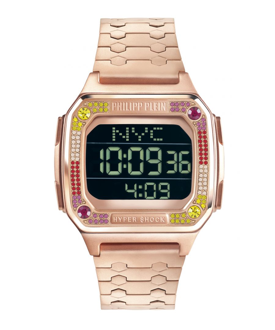 This Philipp Plein Hyper $hock Digital Watch for Unisex is the perfect timepiece to wear or to gift. It's Rose gold  Rectangular case combined with the comfortable Rose Gold Stainless steel watch band will ensure you enjoy this stunning timepiece without any compromise. Operated by a high quality Quartz movement and water resistant to 5 bars, your watch will keep ticking. This casual and modern watch is perfect for all kind of casual activities, indoor activities or daily use, it's also a great gift for family and friend.  -The watch has a calendar function: Day-Date, Stop Watch, Timer, Alarm, Light High quality 20 cm length and 22 mm width Rose Gold Stainless steel strap with a Fold over with push button clasp Case Measurement: 40x44 mm,case thickness: 12 mm, case colour: Rose Gold and dial colour: Black