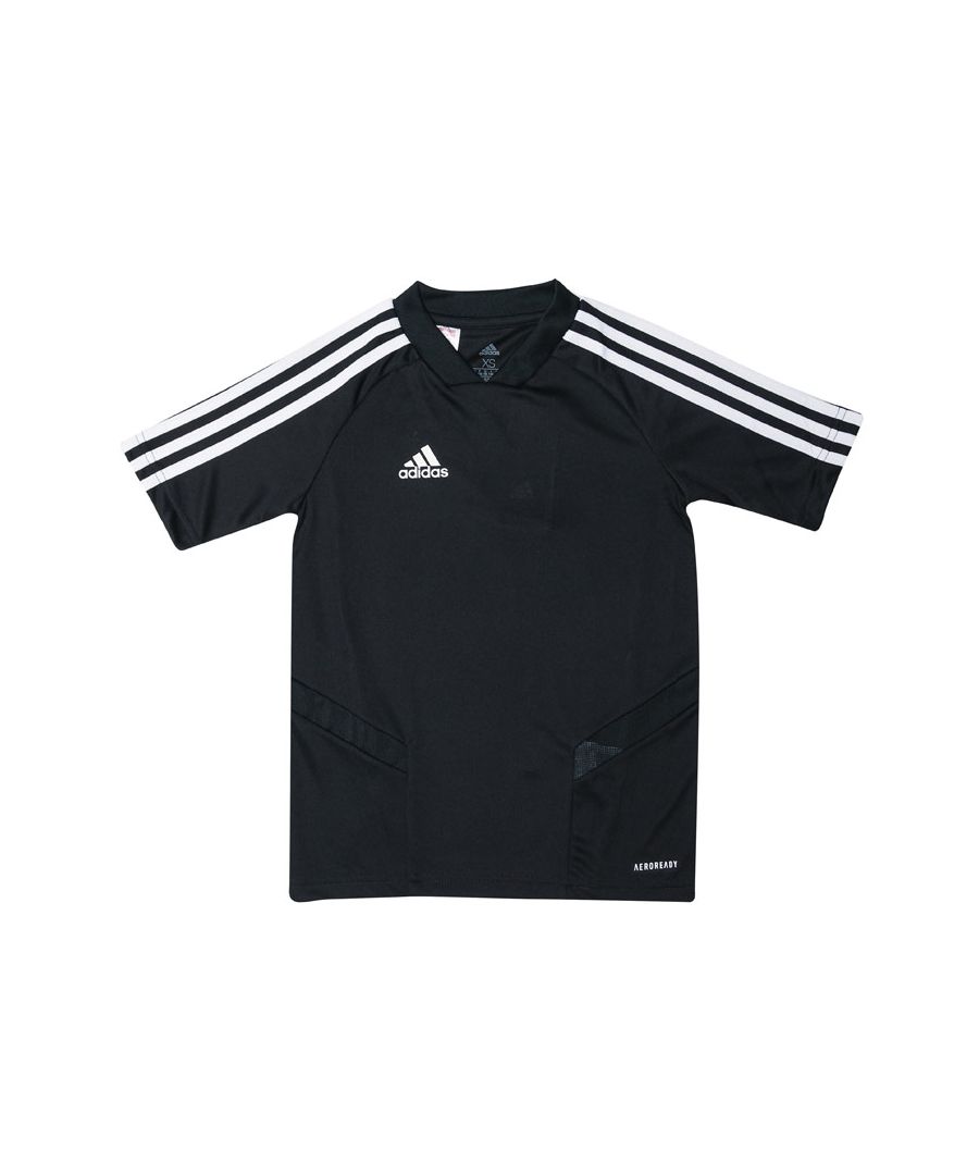 Junior adidas Tiro 19 Training Jersey in black- white.- Ribbed V-neck.- Short raglan sleeves.- Climacool ventilation.- Doubleknit.- Quick-drying construction.- Mesh details.- Regular fit is wider at the body  with a straight silhouette.- Main Material: 51% Polyester  49% Polyester (Recycled). Mesh Part: 100% Polyester (Recycled).Machine washable.- Ref: DT5294J