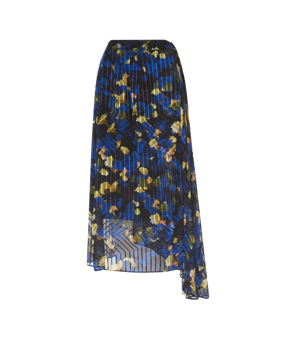 The Reed wrap skirt is cut from a lightweight silk-blend devore, its graphic striped base decorated all over with a bold floral pattern. Designed to sit at the waist, its skirt falls to an asymmetric hem that moves beautifully. Add structure to its floaty silhouette by layering on the Annik knit and finishing with chunky mules.