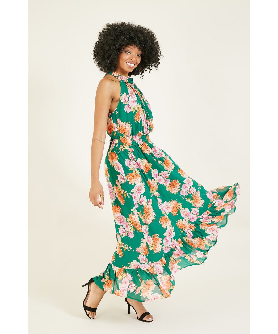 This gorgeous, tropical floral halter is perfect for packing in your suitcase - however close or far from home you're heading. Giving us big holiday vibes, this striking dress features a drop hem and a flattering cinched waist. Match with blingy gold jewellery, a cork wedge and an oversized hat to complete the look.