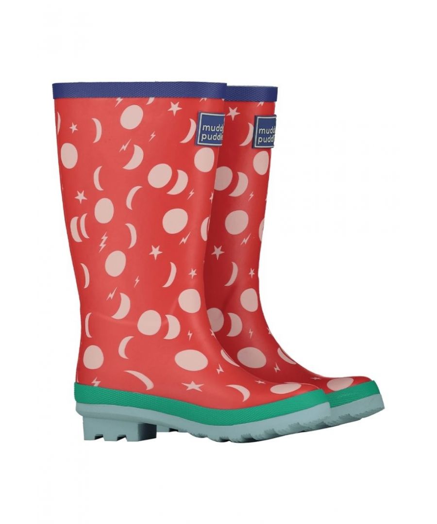 The Muddy Puddles Puddlestomper Wellies will keep your little adventurer’s feet warm and dry in rainy weather. The perfect choice for all young adventurers who want to stay active even on the rainiest and wettest days, these fun and colourful children’s wellington boots are designed with durability and robustness firmly in mind. Built to last from super strong premium quality rubber, these extra-long welly boots will guard effectively against any leaks or splashes that could soak your child’s socks and make them uncomfortable for the rest of the day. While some wellies may be wonderfully waterproof, they aren’t always comfortable to wear, that’s where PuddleStompers are different.\n\nThey feature an added padded cotton insole for extra comfort and softness, so your young explorer can set off on long walks with the family without suffering from painful toes. Slipping and sliding can also be a worry when wearing wellies on wet and muddy surfaces, but these well-designed and rugged boots feature an extra-grippy, cleated sole so there’ll be no accidental slips. Also ensuring your little one’s safety, these boots feature a reflective strip to the back, so their visibility is greatly improved when they’re walking or playing in dim light or gloomy weather.\n\nThanks to their bright print, it’s also never been easier to spot your child in a crowd. They’re sure to delight your own little puddle stomper too, who will love splashing in the puddles with these wellies on their feet.\n\nFEATURES\nHigh quality, durable rubber\nExtra tall for better waterproof protection\nSoft cotton lining\nSoft padded insoles for extra comfort\nReflective strip for high visibility\nCleated, grippy soles to help prevent slipping