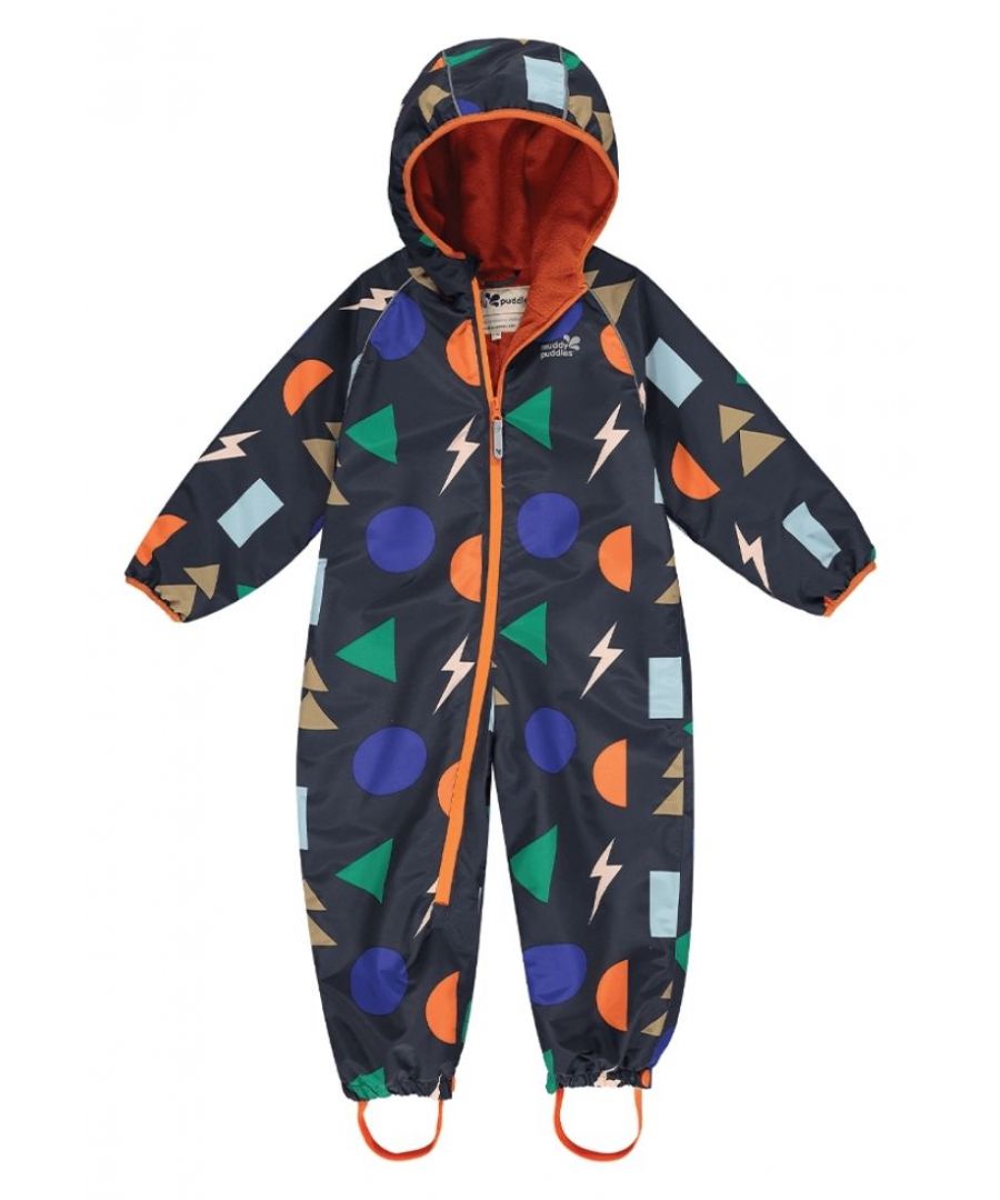 The popular Muddy Puddles EcoSplash All-in-One puddlesuit is the all-in-one waterproof solution for your children. Its 100% recycled polyester from post-consumer plastic bottles makes it an eco-friendly choice without compromising on quality.\n\nYou’ll still find your child stays dry in the wettest weather thanks to the added taped seams. They’ll feel warm and cosy too, whatever the weather, thanks to the soft fleece lining that makes your little one feel comfortable even if they’re playing in the snow. This suit has been designed to be easy to wear, and its extra-long, colourful, waterproof zipper makes it simple for you to dress and undress your child, or even for them to help themselves! The elasticated contrast binding to the sleeves, hood, and hem, make it easy to spot your child in a crowd, while its reflective print and zip pull ensures your little one stays safe in gloomy weather and low lighting.\n\nFor children aged 12 months and above, the EcoSplash puddlesuit features elasticated cuffs and adjustable stirrups for wear over wellies, while the suit for babies up to 12 months old features fold-over hand warmers and removable feet. Thanks to the flexibility of the fabric, even super-active adventurers can move freely outdoors, and with its durable machine washable construction, your child can jump in all the muddy puddles they like!\n\nFEATURES\n \n\nWaterproof to 10,000mm – very waterproof for all-day play in moderate to heavy rain\nBreathable to 3,000g/m2, ideal to keep active children comfortable\nMade using cutting edge recycled fabrics\nTaped seams\nFleece lining to body and hood\nContrast elasticated binding to finish the sleeves, hood and hem\nElasticated cuffs and adjustable stirrups for 12 months - 6yrs\nRemovable elasticated booties for 0-12 months\nExtra-long waterproof zip for easy on and off\nReflective print and zip pulls for better visibility\nMachine washable\nMATERIALS\nOuter: 100% recycled polyester. Lining: 100% recycled polar fleece. Sleeve wadding: 100% recycled polyester\nBIONIC-FINISH®ECO fluoride free waterproof coating