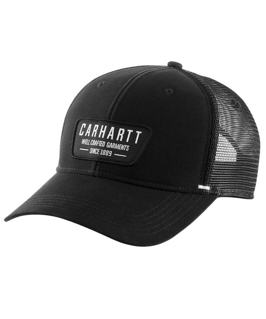 Carhartt Well Crafted Garments Black Cap. Carhartt Black Hat. 100% Cottn, Mesh Back: 100% Polyester. Adjustable Back, Force Sweatband, Dries Fast. Well Crafted Garments Since 1889. Style : AH5452