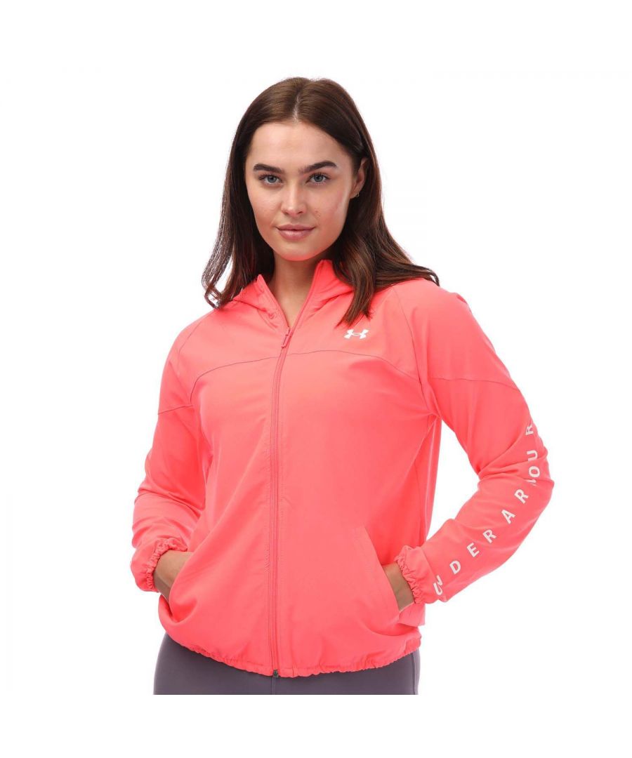 Womens Under Armour Woven Branded Full Zip Hoody in pink.- Lined hoodie.- Open hand pockets.- Elastic cuffs & bottom hem.- No shoulder seams & generous sleeve construction.- 4-way stretch material.- Lightweight  stretch-woven.- UA Storm technology repels water without sacrificing breathability.- 87% Polyester  13% Elastane.- Ref: 1351794819