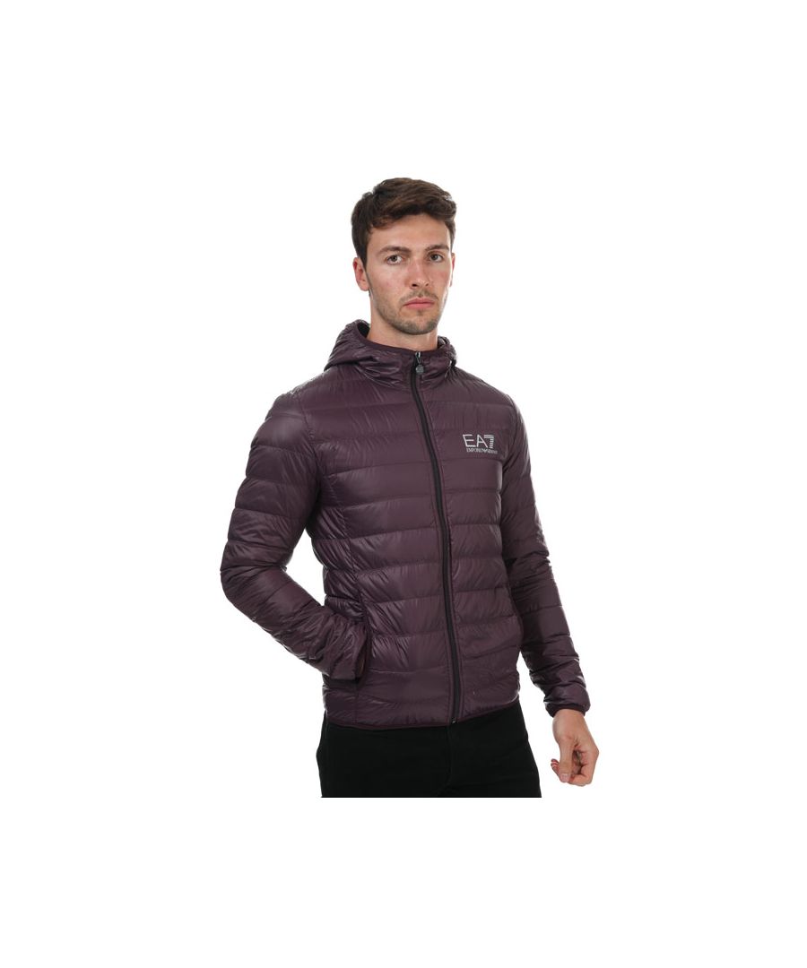 Mens Emporio Armani EA7 Core ID Down Jacket in purple.- Fixed hood.- Long sleeves with elastic cuffs.- Central zip closure.- Emporio Armani EA7 logo to the left of the chest.- Two open side pockets.- Elasticated binding to the cuffs and hem.- Main Material: 100% Polyamide.  Machine washable. - Ref: 8NPB02N29Z1320