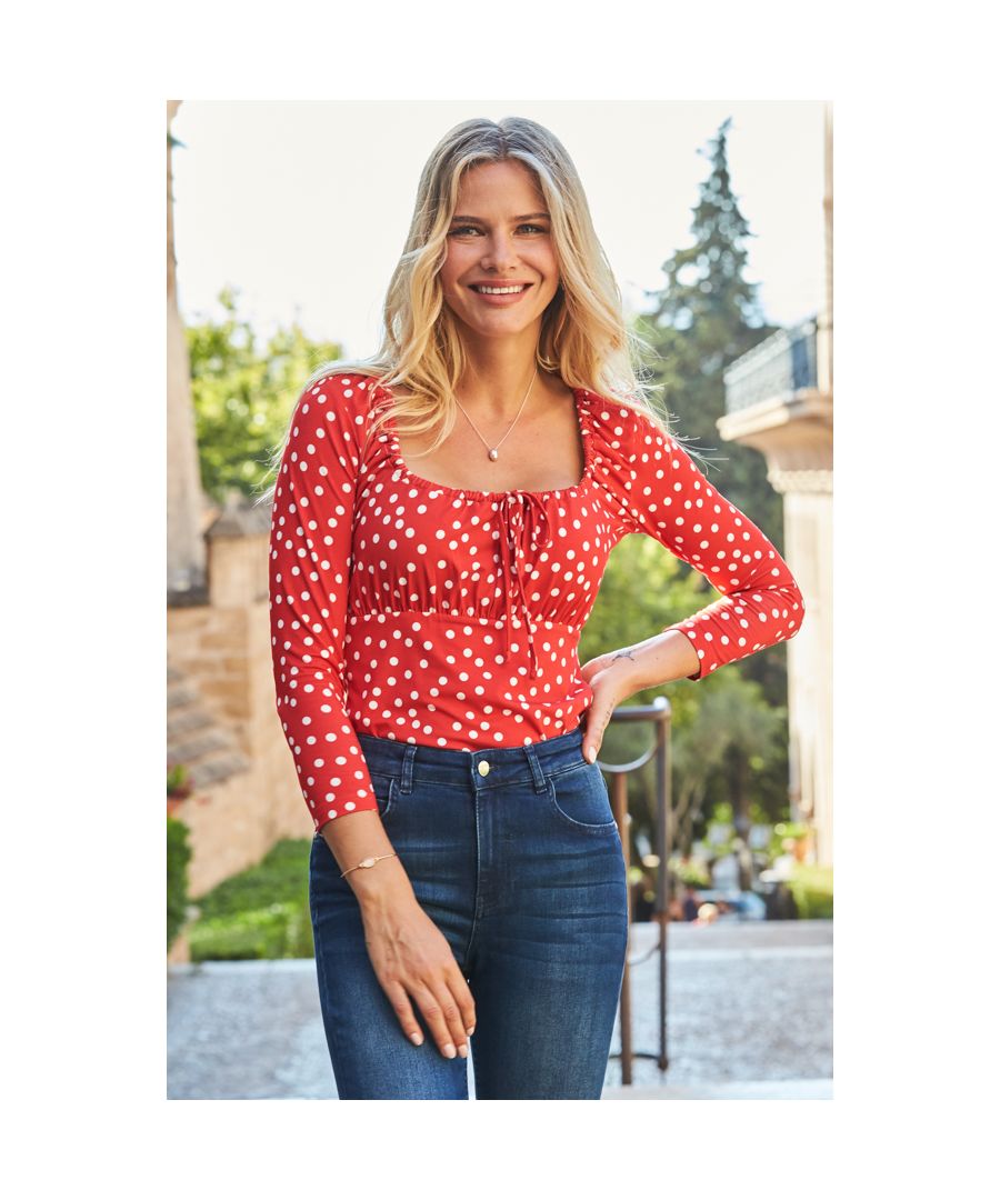 Image for Red & White Spot Print Ruched Neck Top