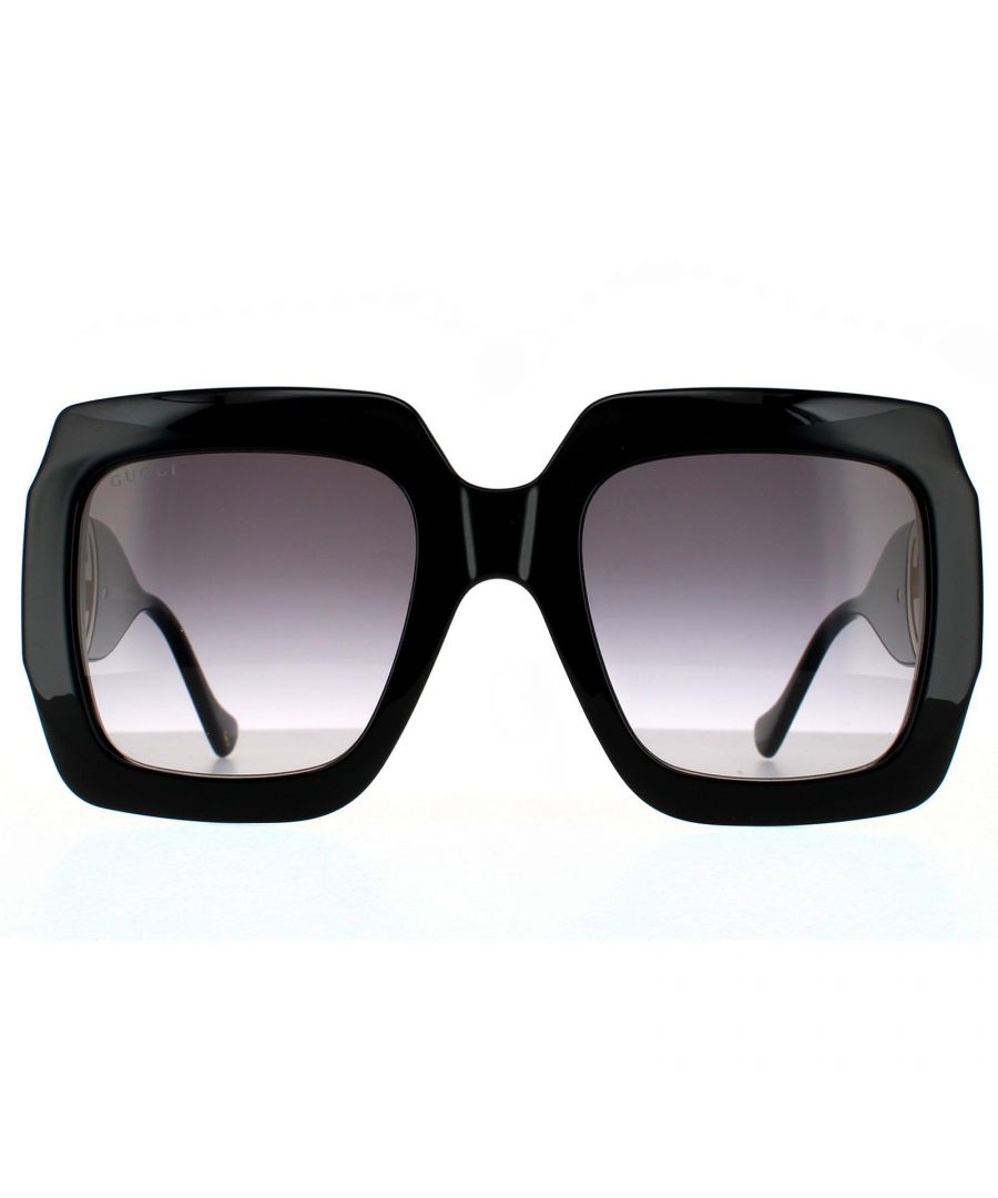 Gucci Rectangle Womens Black Grey Gradient  Sunglasses Gucci are a statement oversized square design with a chunky acetate frame and large metal interlocking GG logo incorporated into the wide temples. <h1 class=