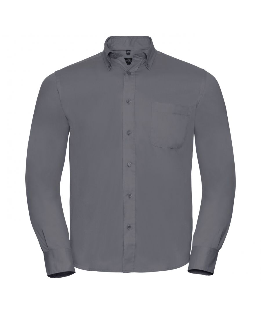 Casual long sleeve shirt in a classic style and soft to touch peached fabric. Relaxed button down collar with a dye-to-match herringbone tape along neck seam, left chest pocket and fabric patch tab on back yoke and side seam hem. Rounded edge cuffs with double buttons and a curved hem. Fabric: 100% Cotton Twill. Weight: 130gsm. Collar S - 14.5/15”, M - 15.5”, L - 16/16.5”, XL - 17/17.5”, 2XL - 18”, 3XL 18.5/19”, 4XL 19.5”.