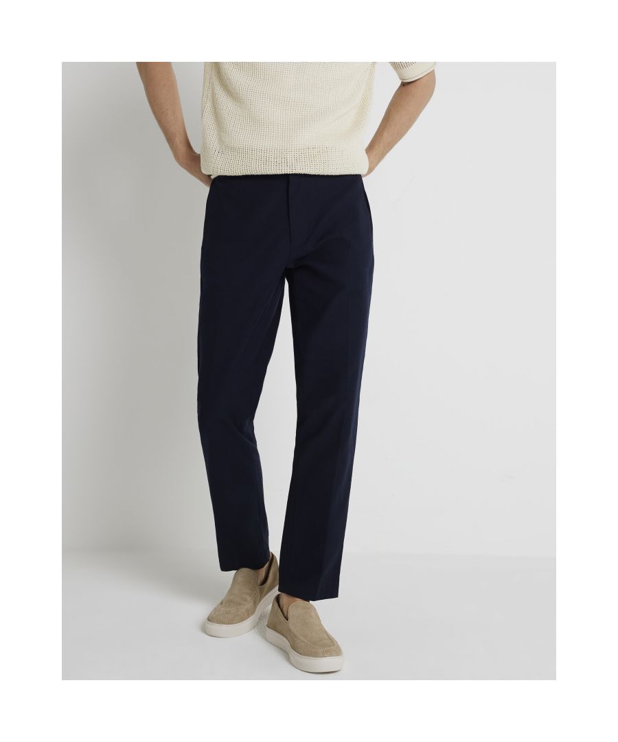 River Island Mens Smart Trousers Navy Slim Fit Textured Cotton - Size 30R | River Island Sale | Discount Designer Brands