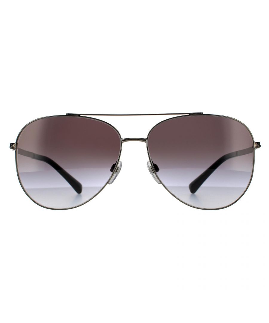 Valentino Aviator Womens Gunmetal Black Gradient Sunglasses VA2047 are a aviator design with a flat top bridge. The adjustable nose pads and the slender temple tips ensure all day comfort