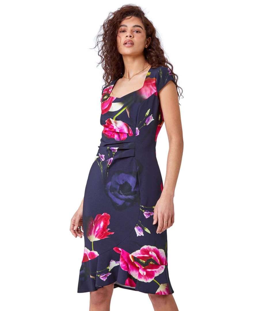 Roman Women's Floral Frill Premium Stretch Dress|Size: 10|navy