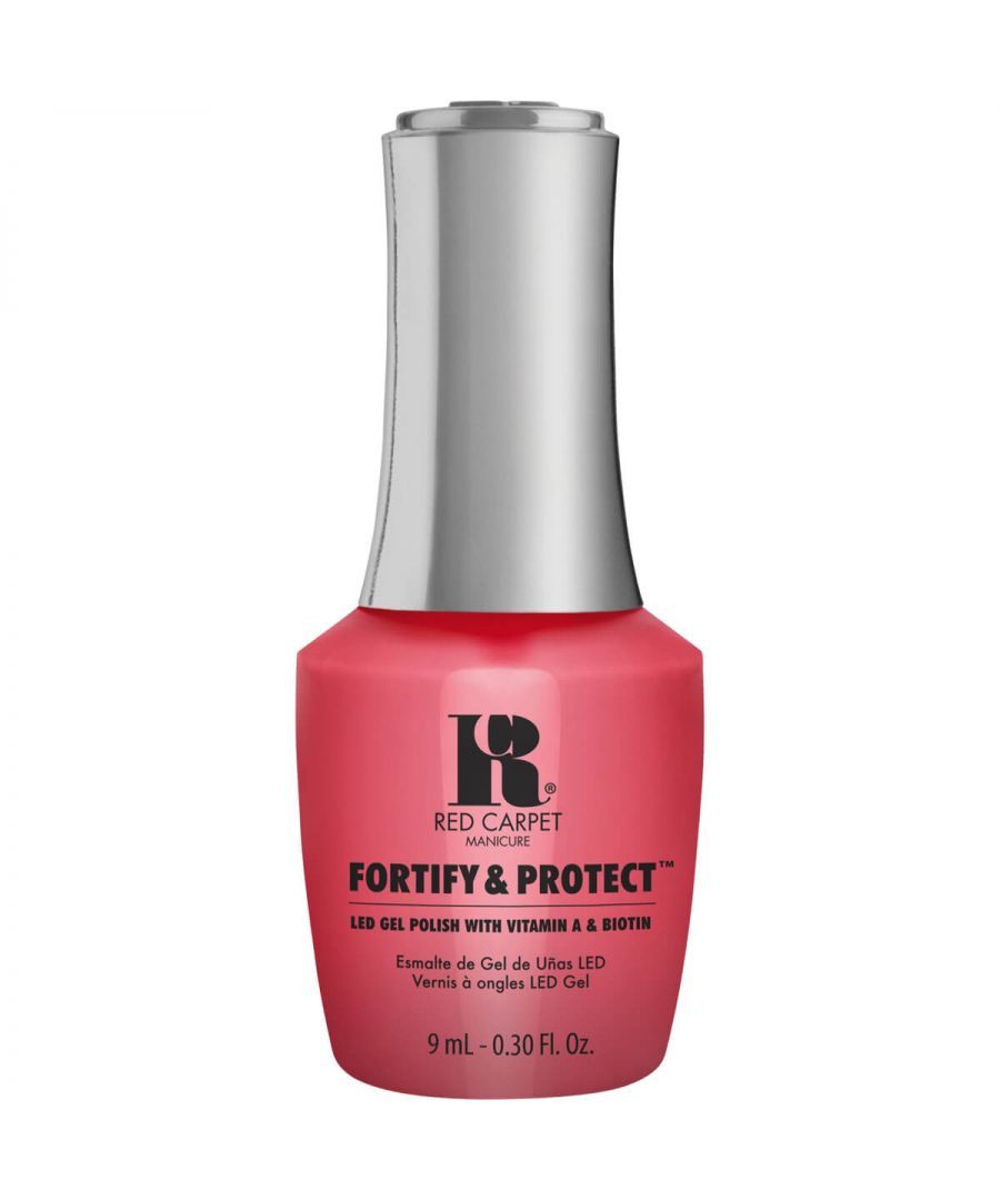 LED gel polish\n\n\n\n\n\nHot pink gel polish\n\nGel manicure for up to 21 days\n\nCured under LED lamp\n\nVitamin enriched formula\n\nEven, streak-free application\n\nSalon-quality manicure at home\n\n\n\n\n\n\n\nTreat yourself to a salon-standard manicure at home with Red Carpet Manicure's Fortify & Protect range. Formulated with key vitamins to protect and nourish nails, this LED-cured gel manicure will last up to 21 days. With its professionally designed brush and easy-use cap and bottle, application is always even and streak-free for the perfect finish. Use with the Fortify & Protect Base Coat & Top Coat for best results.\n\n\n\n\n\nRed Carpet Manicure On Set Antics 9ml