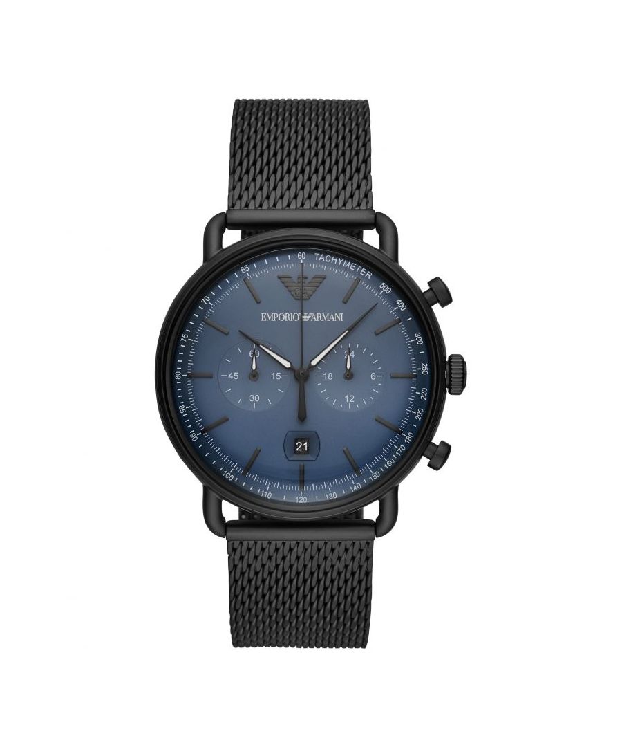PRODUCT INFO\t\t\tCase Diameter: 44mm\tCase Material: Stainless Steel\t\t\tWater Resistant: 50 Metres\tMovement: Quartz (Battery)\tDial Colour: Black\t\t\tStrap Material: Stainless Steel \tClasp Type: Push Button Deployment\t\t\tGender: Male\tDESCRIPTION\t\t\t\t\tMen's Emporio Armani made from stainless steel. This model features a round face complete with chronograph functions and a Japanese Quartz movement. \t\t\t\t\tThis watch fastens with a stainless steel metal bracelet and has a black dial with silver baton hour markers and silver hands with a date. \tFREE Home Delivery - Including Next Day Service* \tAvailable for gift wrap \tWe offer free bracelet adjustment service on this product. Please contact customer services\tReturns policy