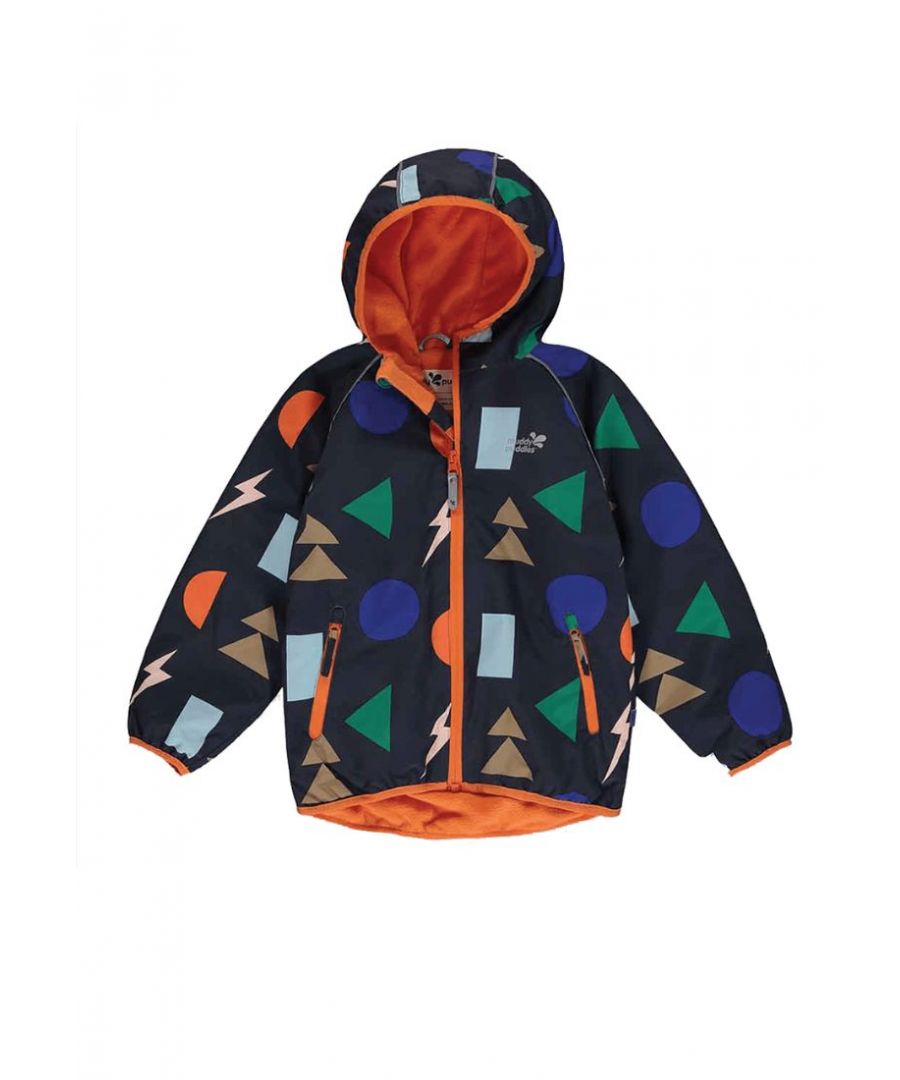 Your kids are sure to enjoy playing outdoors more than ever if they’re wearing the Muddy Puddles EcoSplash jacket with its fun and colourful design. Manufactured from 100% recycled fabric from post-consumer plastic bottles, this jacket helps you to protect our planet while also ensuring that your child stays dry, comfortable and warm in all weathers.\n\nDesigned to be super-waterproof, this jacket benefits from protection up to 10,000 mm and its fully taped seams only add to its waterproofing capabilities. Meanwhile, it’s also breathable to 3,000gm2, so you can be sure your child will still feel comfortable whether they’re running, climbing, or playing outside. Cold weather won’t be a problem thanks to the Sherpa-lined hood and fleece lining that make this jacket a cosy and warm choice for winter and autumn wear, and with exposed waterproof zips in contrasting colours paired with contrasting elasticated binding to the sleeves, hood and hem, you’ll have no difficulty in spotting your little explorer from afar in the playground or park. No detail has been overlooked, and that includes your child’s safety.\n\nThe reflective print and zip pull help to ensure your little one can easily be spotted on even the dullest days and darkest conditions. Even though it’s made from recycled materials, it’s still machine washable so you won’t need to worry about muddy play. Your children can enjoy all the fun of childhood while they stay dry in rain, wind, and snow.\n\nFEATURES\n \n\nWaterproof to 10,000mm - very waterproof for all-day play in moderate to heavy rain\nBreathable 3,000gm2 – keeps children warm without overheating\nMade using cutting edge recycled fabrics\nPolar fleece lining to body\nCoral velvet fleece lining to hood\nTaped seams\nExposed waterproof zips in contrast colours\nContrast elasticated binding to finish the sleeves, hood and hem\nReflective print and zip pulls for better visibility in the dark\nMachine washable\nMATERIALS\nOuter: 100% recycled polyester. Lining: 100% recycled polar fleece. Sleeve wadding: 100% recycled polyester\nBIONIC-FINISH®ECO coating to protect children from the wind and rain