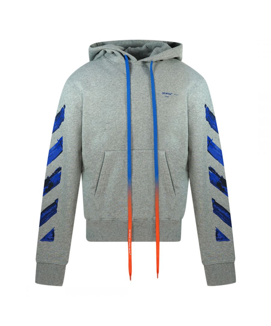 Off-White Largew Gradient Drawstring Grey Hoodie. Off-White Grey Hoodie. Arrow Design on Back. 100% Cotton. Drawstring Adjustable Hood. Style Code: OMBB034F19E300570730