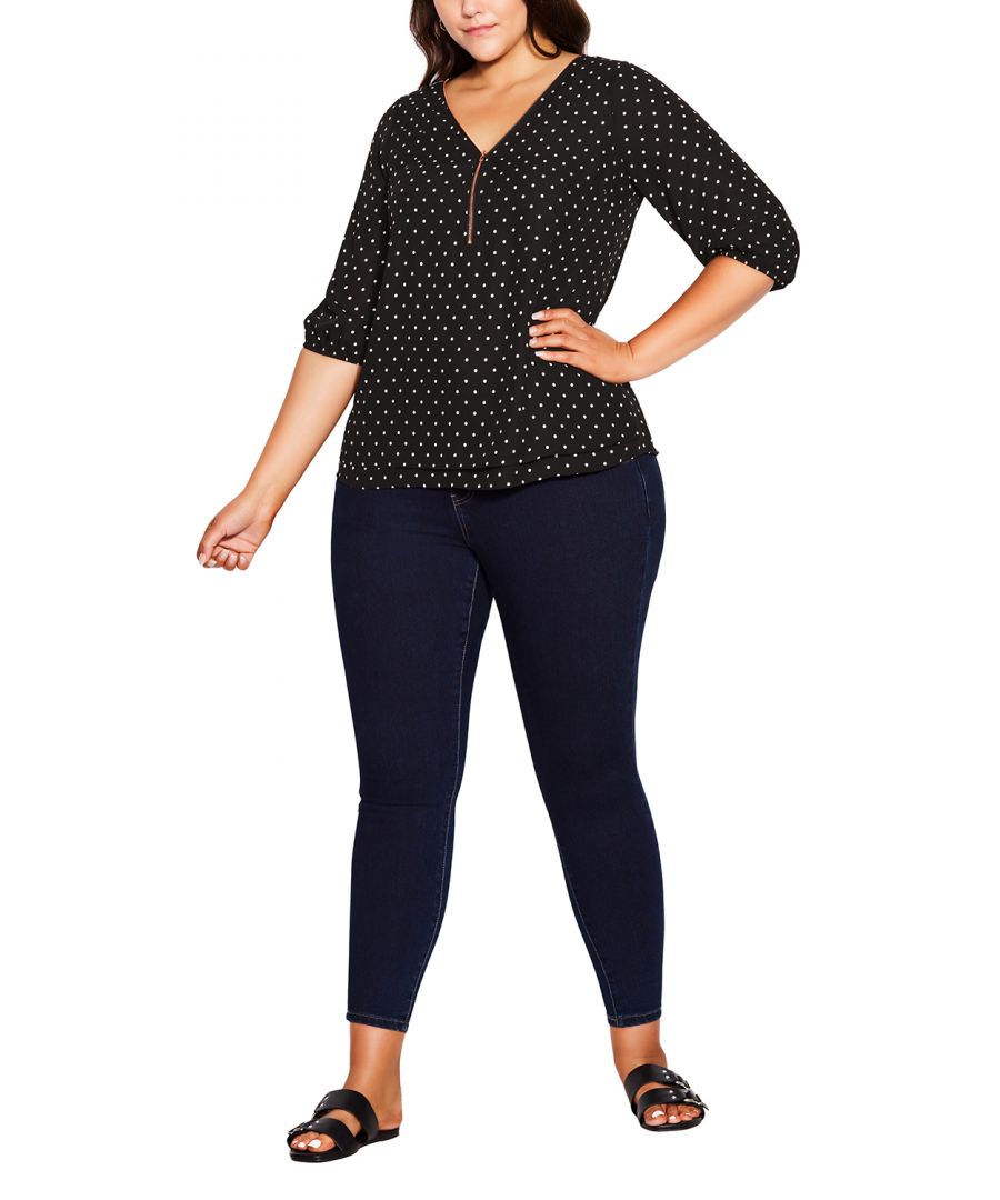 Introducing your most versatile new style staple! The Sexy Fling Print Top lifts up any look with a subtle spot print and a glamorous zip neckline. The elasticated 3/4 length sleeves and layered front create enviable looks for every day. Key Features Include: - Workable zip neckline - Darted bust - Double layer front - 3/4 length sleeves with elastic cuff - Relaxed fit - Hip length hemline - Lightweight woven fabrication