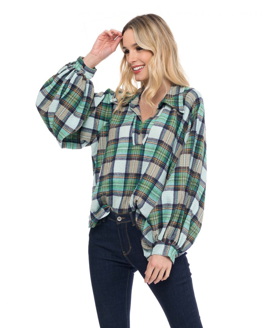 Image for Plaid V neck shirt with balloon sleeves