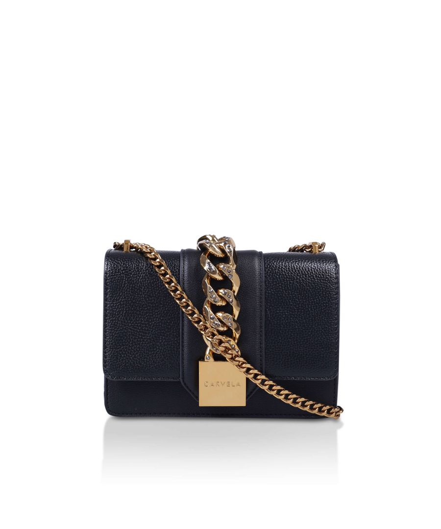 The Mikhaela bag encapsulates the chain trend perfectly. The front of the bag features an oversized gold chain with gemstones incorporated pairing with the shoulder strap. The front of the flap features a gold branded panel which opens to a black lined interior with open pocket.