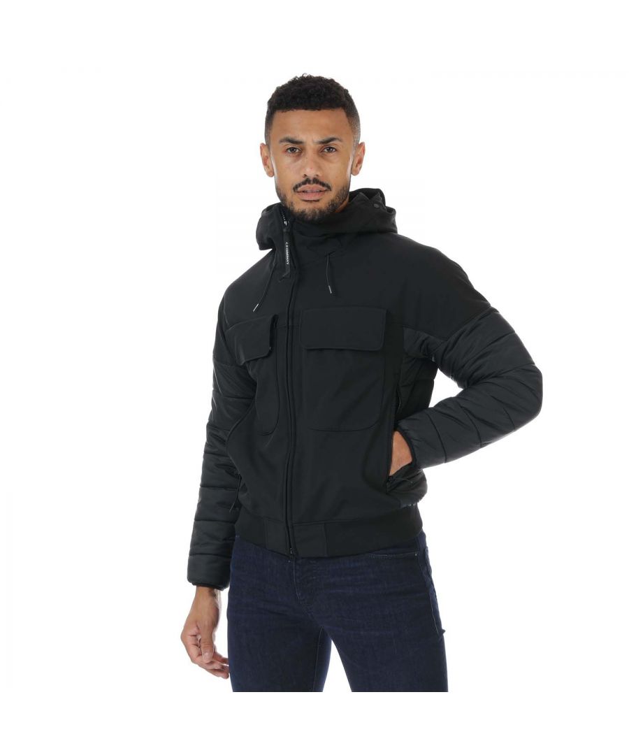 Mens  C.P. Company Mixed Media Jacket in black.- Adjustable toggle hood.- Two front chest pockets.- Two side zipped pockets.- Zip fastening.- Elasticated cuffs and hem.- Mixed nylon with padding.- Regular fit.- 94% Polyester  6% Elastane.- Ref: 13MOW024A999