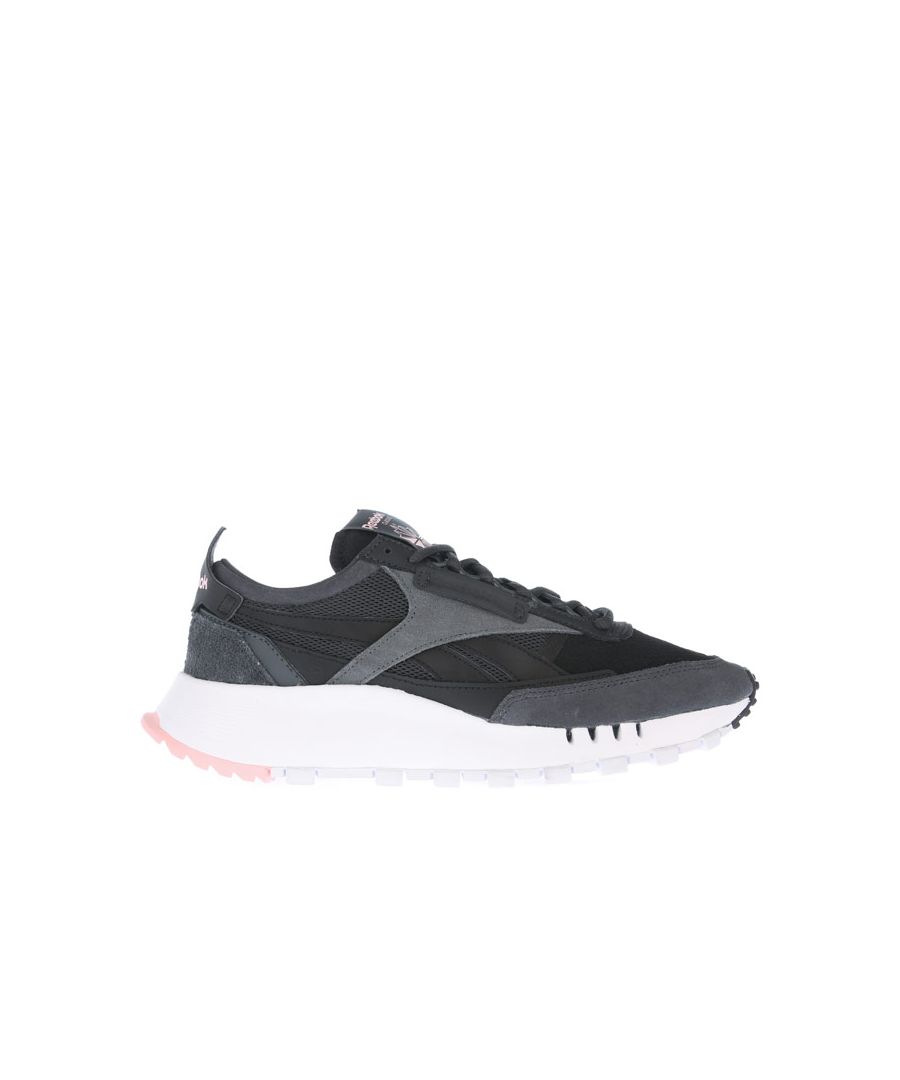 Womens Reebok Classics Classic Leather Legacy Trainers in black- grey.- Suede and textile upper.- Lace closure.- Suede overlays  mixture of mesh underlays. - Leather side stripes. - Reebok branding.- Chunky midsole.- Rubber outsole.- Textile upper  Textile lining  Synthetic sole.- Ref.: FY7363