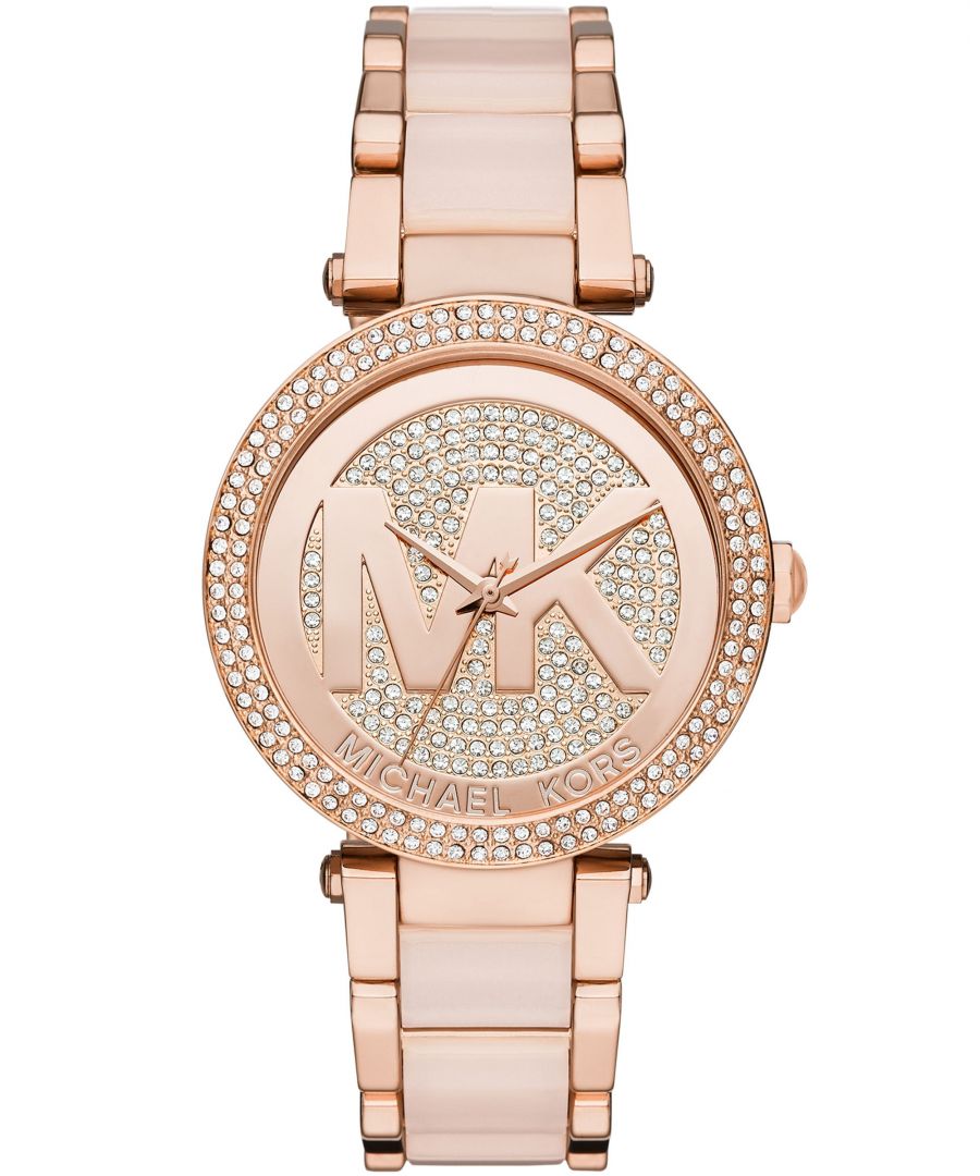 Een trendy en aantrekkelijk Michael Kors-horloge MK6176 met kwartsuurwerk, afgezet met een fonkelende, met kristallen bezette bezel, en voorzien van de MK-initialen voor een elegante afwerking. Het horloge heeft een goudkleurige wijzerplaat en een band met roségoudkleurige beplating. EAN 0796483164352