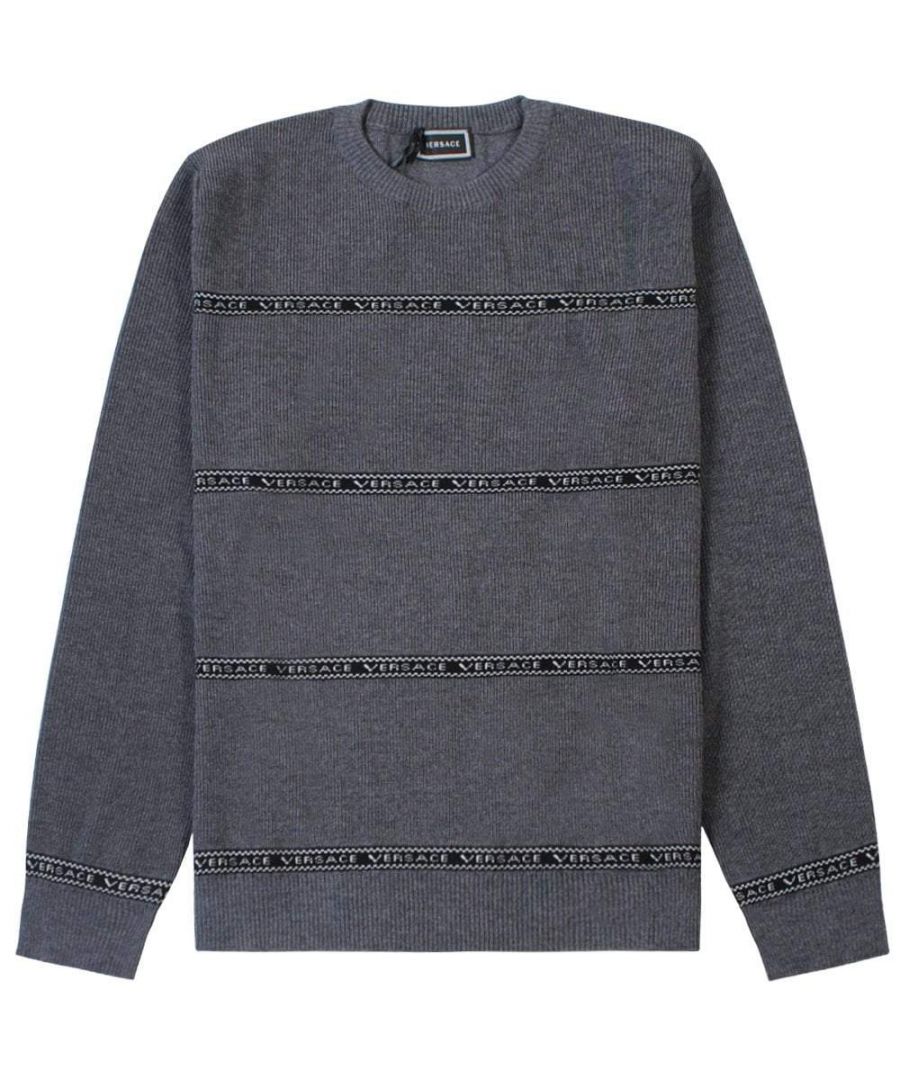Grey wool blend logo stripe jumper from Versace Kids featuring a ribbed crew neck, long sleeves and a straight hem.