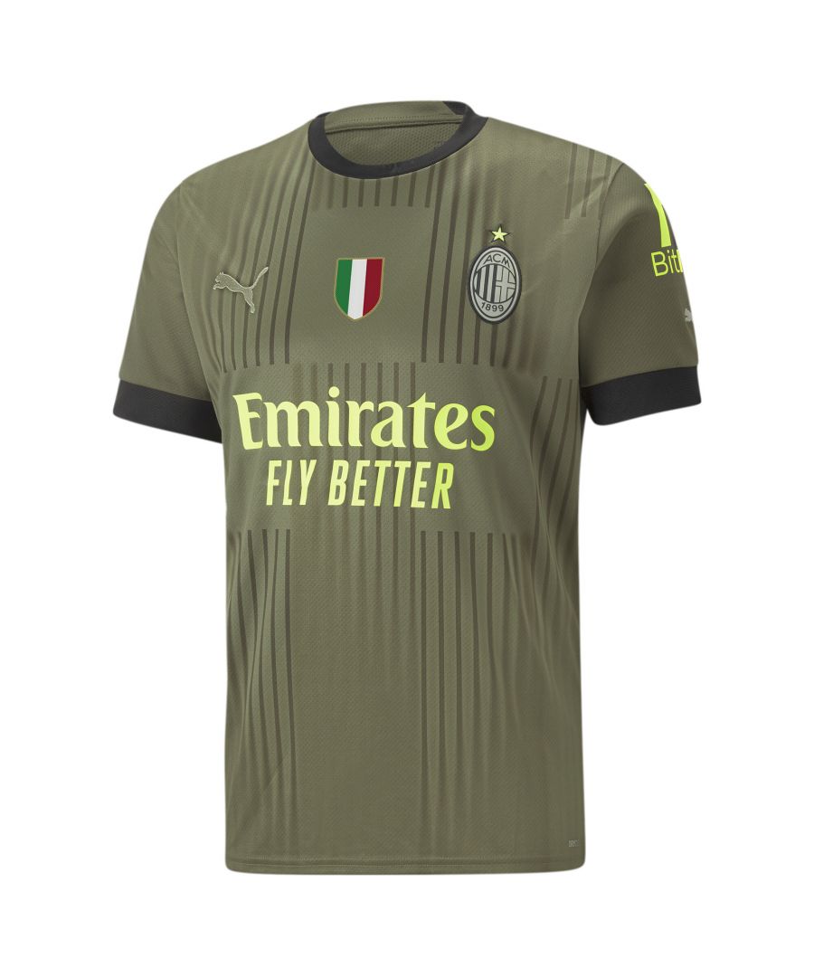 PRODUCT STORY The only way is forward. The 2022/23 Third kit is made for those who always stand out and never hold back. Inspired by the city of Milan, the Rossoneri blend brilliant football and effortless style like no other team ever could. The A.C. Milan 2022/23 Third jersey comes in olive-green, featuring a tonal graphic of the flag of Milan and a monochromatic version of the club crest. Neon yellow accents complement the inherent Milanese style.   FEATURES & BENEFITS : dryCELL: Performance technology designed to wick moisture from the body and keep you free of sweat during exercise Recycled Content: Made with at least 20% recycled material as a step toward a better future DETAILS : Regular fit Set-in sleeve construction with raglan back seam Ribbed crewneck Embroidered PUMA Cat Logo on the chest and sleeves Official team crest on the chest