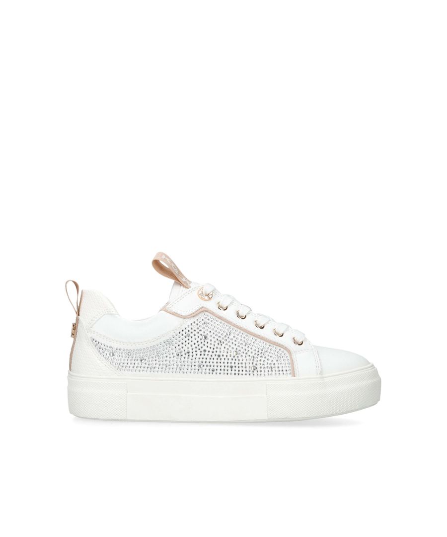 Lauren Bling from KG Kurt Geiger is features rhinestone embellishment across the white upper, with branded pull tabs at the tongue and on the back of the ankle.