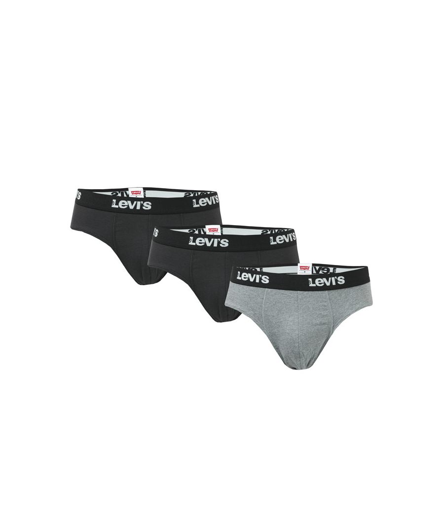 Mens Levis 3 Pack Briefs in charcoal.- Designed for comfort  fit and style with a branded Levi's® waistband.- Double layer pouch for support.- 95% Cotton  5% Elastane. Machine washable.- Ref: 100002858002