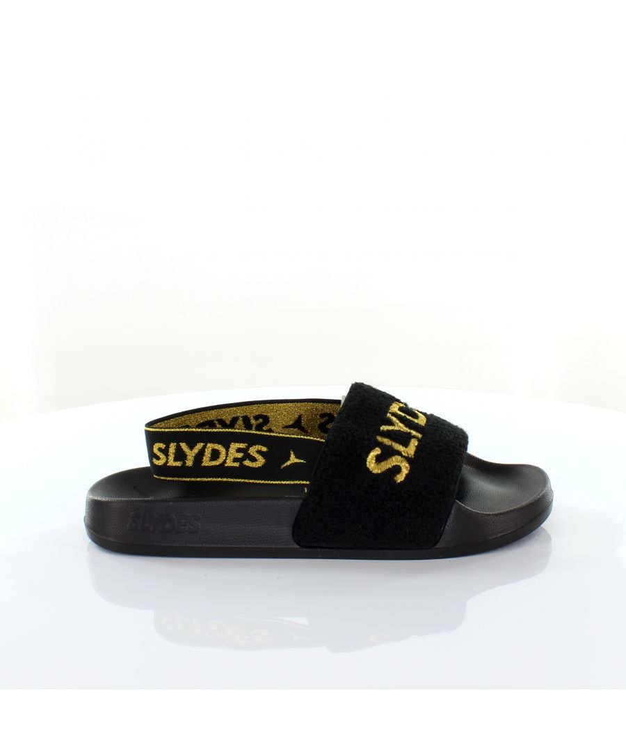 slydes coin womens slip on back strap flip flop sliders sandals ss20 black gold textile - size uk 4