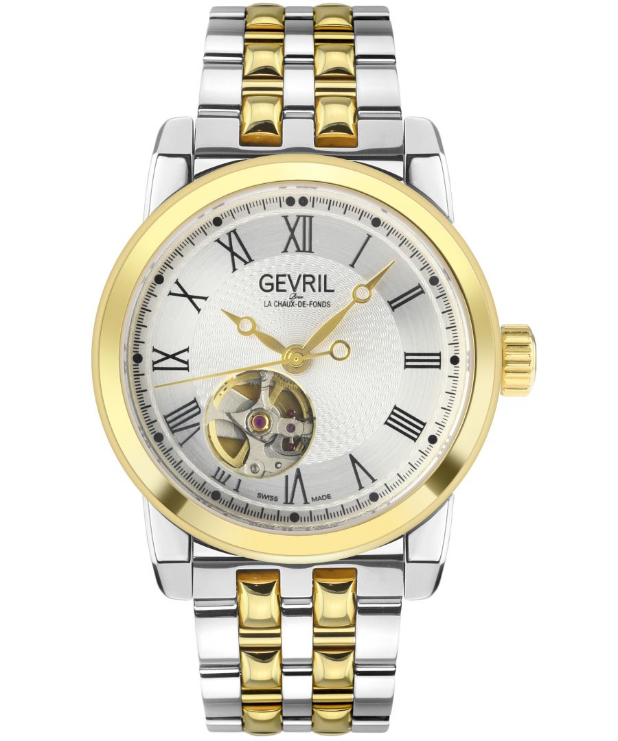Like a fine suit or smooth scotch, Gevril’s Madison Collection proves straightforward and sophisticated always wins. Like Madison Avenue itself, luxury prevails in the sleek 39mm round Stainless Steel Case with an Exhibition Back. Whether on Italian leather or Stainless Steel bracelet with deployment buckle, the Madison man is bold, authoritative and decisive. The limited edition open-heart window highlights Gevril’s powerful Ruben & Sons Swiss Automatic movement below anti-reflective Sapphire crystal. Precision-ready construction is water resistant up to 50 meters.  Perfect for the real life Mad Man, the Madison Collection demands attention. \n\nGevril Men's Swiss Automatic from the Madison Collection\n\n39mm Round IPYG Case Silver Dial with Exhibition Case Back\nOpen Heart Window-Limited Edition\nScrew Down Crown\nTwo toned SS IP Yellow Gold Bracelet with Deployment Buckle\nAnti-reflective Sapphire Crystal\nWater Resistant to 50 Meters/5ATM\nSwiss Automatic Movement 