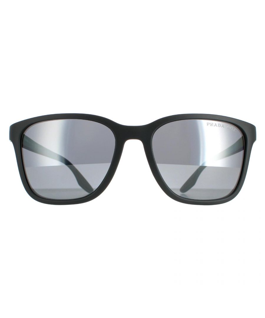 Prada Sport Rectangle Mens Grey Rubber Dark Grey Silver Mirror Polarized PS02WS  PS02WS are a modern rectangle style crafted from lightweight acetate. The distinctive Prada Linea Rossa red stripe on the arm ensures brand authenticity.