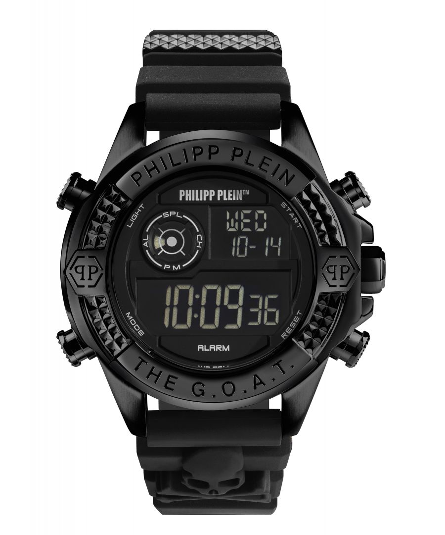 This Philipp Plein The G.o.a.t. Digital Watch for Men is the perfect timepiece to wear or to gift. It's Black 44 mm Round case combined with the comfortable Black Silicone watch band will ensure you enjoy this stunning timepiece without any compromise. Operated by a high quality Quartz movement and water resistant to 5 bars, your watch will keep ticking. The digital movement of this watch immediately confers a hyper sporty, bold, contemporary urban look. -The watch has a calendar function: Day-Date, Stop Watch, Alarm, Light High quality 21 cm length and 22 mm width Black Silicone strap with a Buckle Case diameter: 44 mm,case thickness: 16 mm, case colour: Black and dial colour: Black