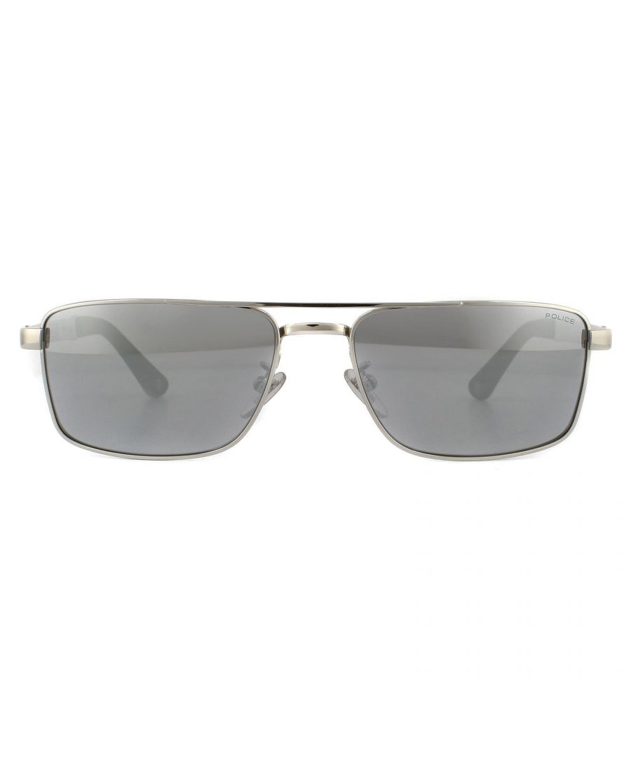 Police Sunglasses SPLB43 Origins 37 581X Matte Palladium Smoke Grey Mirror are a rectangle aviator style made from metal. Thin temples feature the Police logo, while plastic tips and adjustible nose pads guarantee all day comfort.