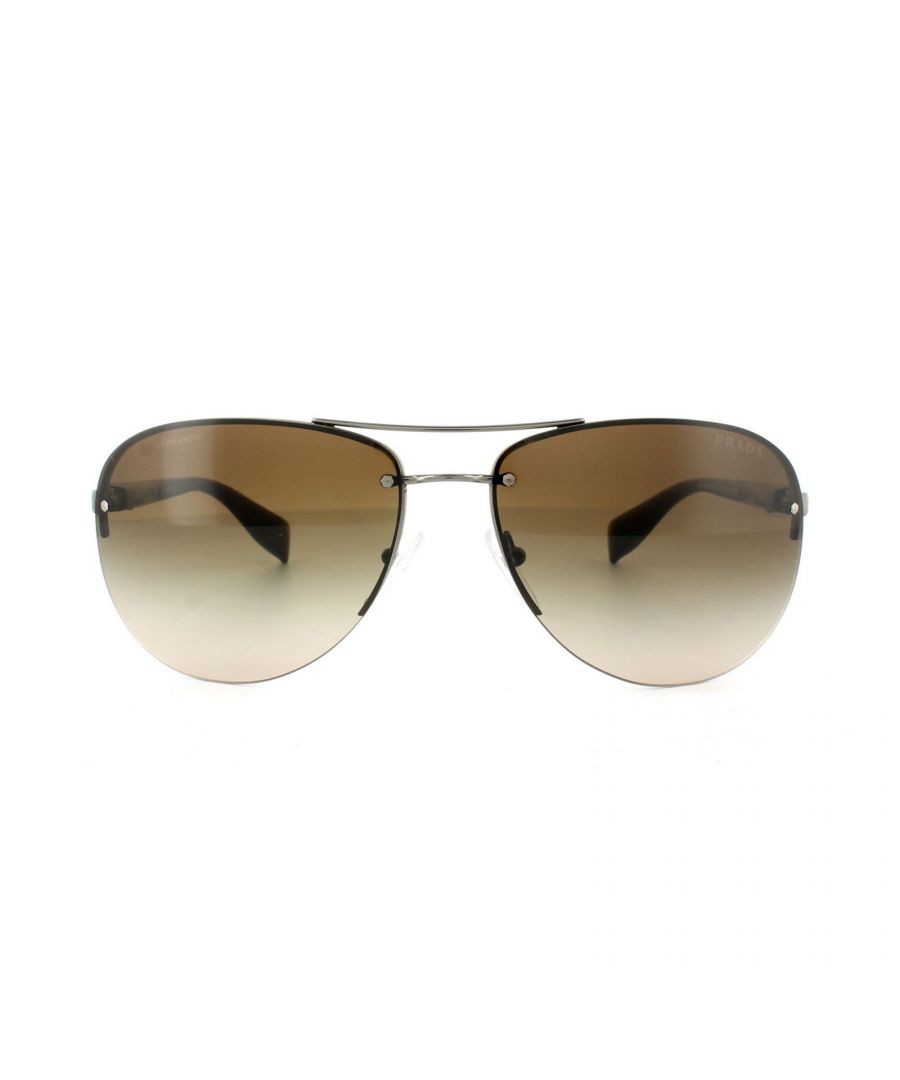 Prada Sport Sunglasses 56MS 5AV6S1 Brown Brown Gradient are a semi-rimless frame in the aviator style with a thin metal frame and relatively slim acetate arms with the classic Linea Rossa red stripe along the arms.