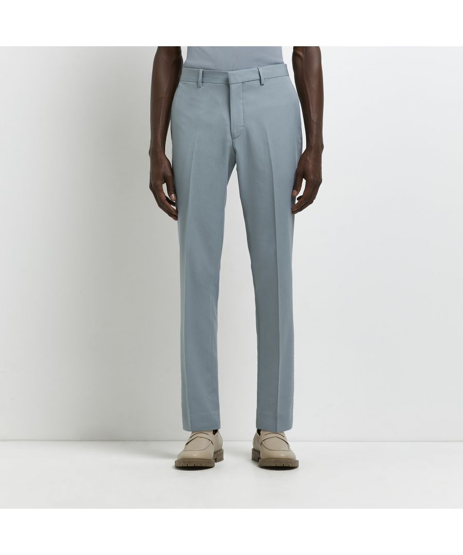 > Brand: River Island> Department: Men> Colour: Blue> Type: Trousers> Style: Straight> Material Composition: 75% Polyester 24% Viscose 1% Elastane> Material: Polyester> Pattern: No Pattern> Occasion: Formal> Size Type: Regular> Closure: Button> Season: SS22