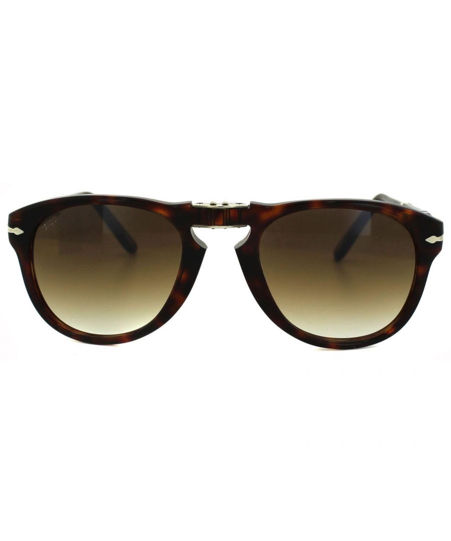 Persol Sunglasses 714 24/51 Havana Brown Gradient these famous Persol frames were worn extensively by the king of cool Steve McQueen and the originals sold for a huge amount at auction. This recent version features the same folding frame, it folds at the bridge and on the arms for easy storage and have the famous Persol arrow prominently displaying on the temple. These are highly sought after and extremely cool!