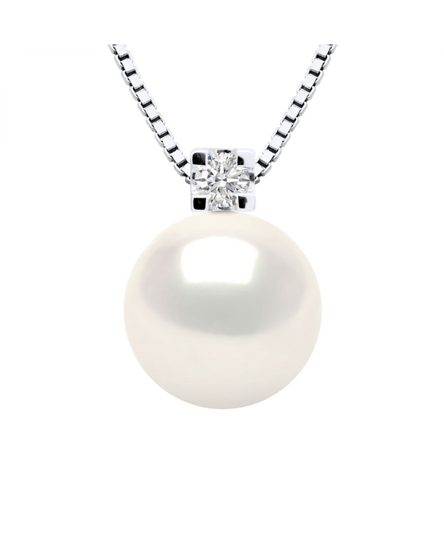 Necklace Venetian Mesh 925 Sterling Silver Rhodium-plated set with true Cultured Freshwater Round Pearl 9-10 mm surrounded by a true Diamond 0,05 Cts - Our jewellery is made in France and will be delivered in a gift box accompanied by a Certificate of Authenticity and International Warranty