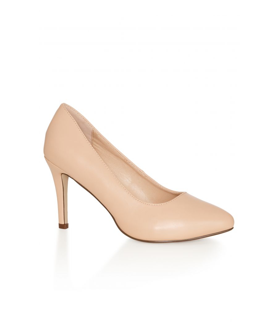 Step out in style in the stunning Jasmine Heel! With a closed-toe pump style and classy beige hue, this heel has a wide fit and cushioned insole for the ultimate comfort and style combo! Key Features Include: - Pointed toe - Wide fit - Cushioned insole - Faux leather fabrication - Stiletto heel - Slip on style Add these pumps to your best workwear look for a glamourous twist.