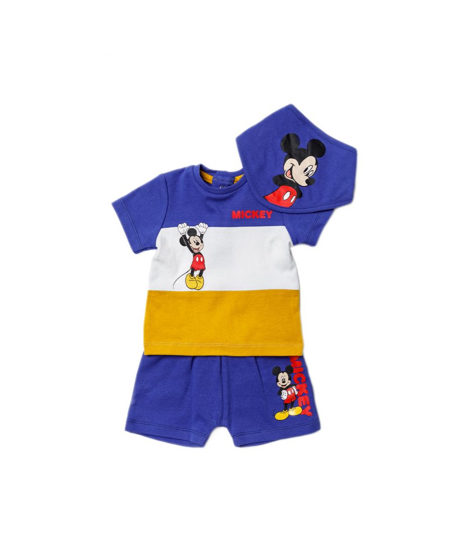This adorable Disney Baby three-piece set features a vibrant Mickey Mouse print. The set includes a printed t-shirt, a pair of shorts and a matching bib! The t-shirt, shorts and bib are all cotton, keeping your little one comfortable. This set would make a lovely gift or a new addition to your little ones wardrobe!