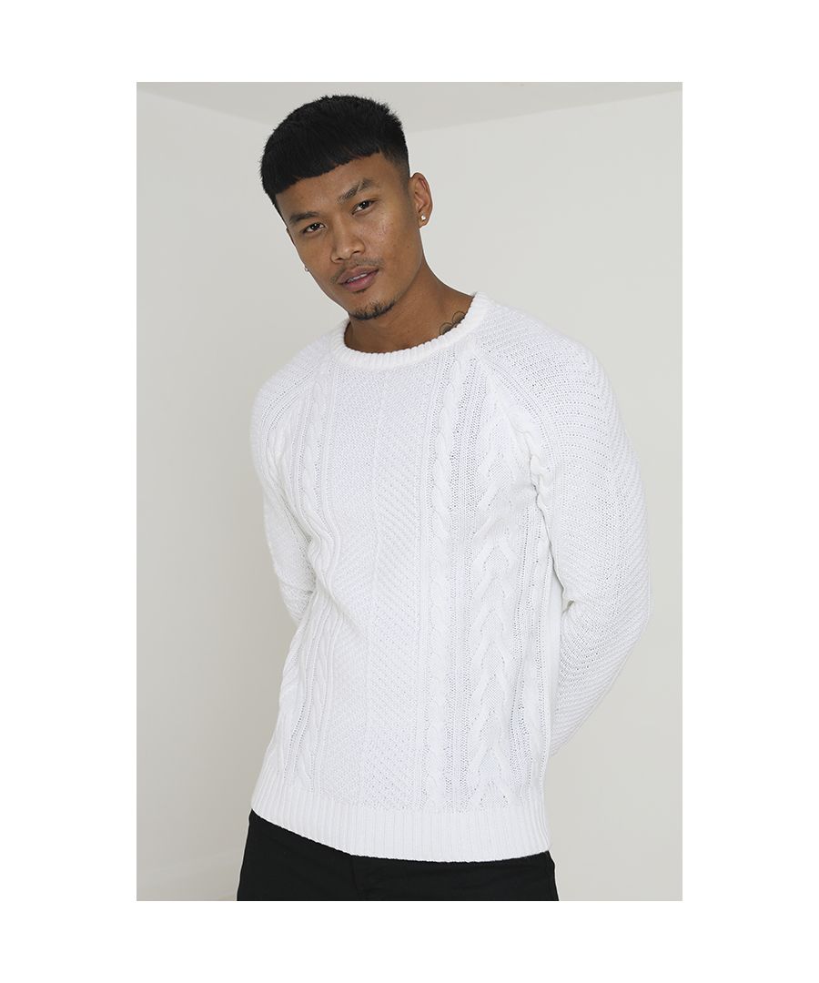 Brave Soul Mens White 'Wilson' Crew Neck Cable Knitted Jumper - Size Large