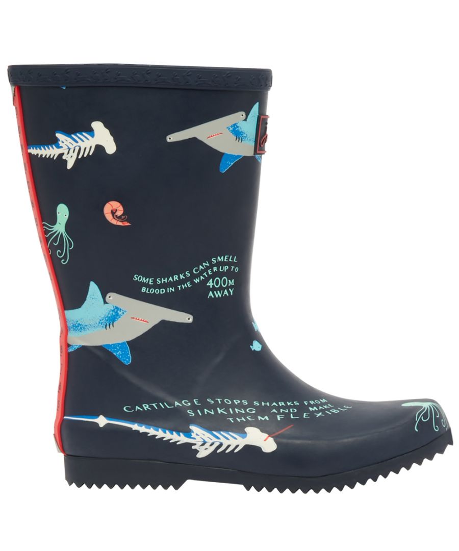 These wellies are made from a natural, flexible and lightweight rubber so they can be rolled up and down for easy carrying or packing. You know what that means - puddle jumping or running through the mud never has to be off the cards if you keep these in a bag or the boot! Aside from being able to play in the rain, what she'll love most is the hand-drawn print that adorns the wellies and the unique-to-Joules measuring tape to the back which will allow her to measure the depth of puddles or snow. When it comes to grip the water dispering outsole pushes water outwards giving the foot better contact with the ground. To ensure they stay in tip-top condition we've given them an easy wipe-clean construction and made the insoles removable so they can be washed or replaced when needed. There really are so many more features to explore (including a reflective back strip for safety when the grey clouds make it a little darker!) Psst... when storing the boots ensure you unroll them so they stand upright until their next use.